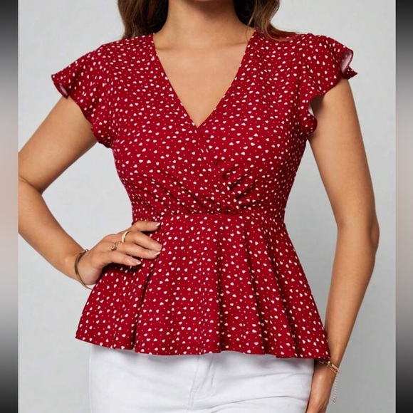 Red Heart Print Plunge V Neck Top Blouse Shirt - Picture 5 of 6